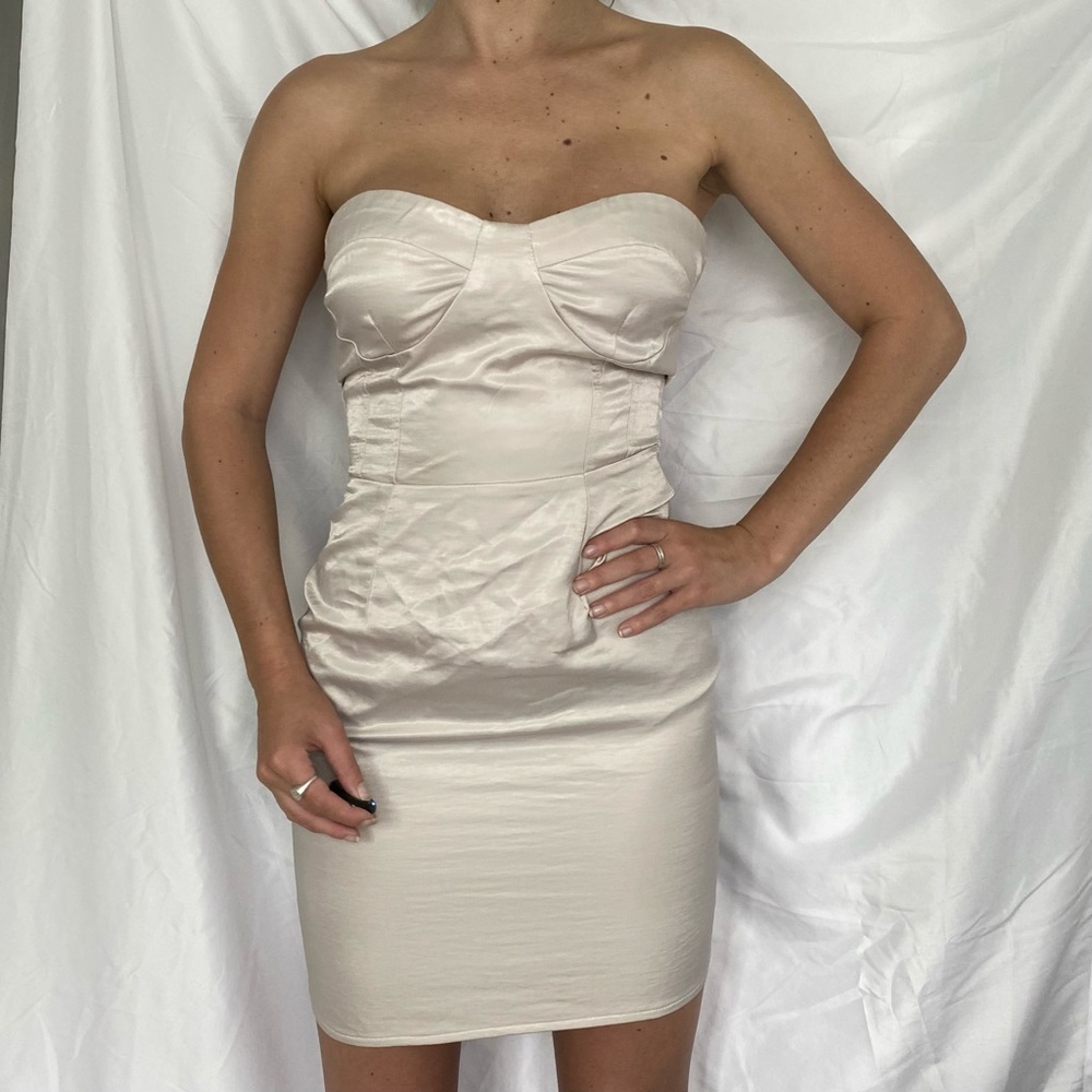 prettylittlething strapless satin grey mini dress